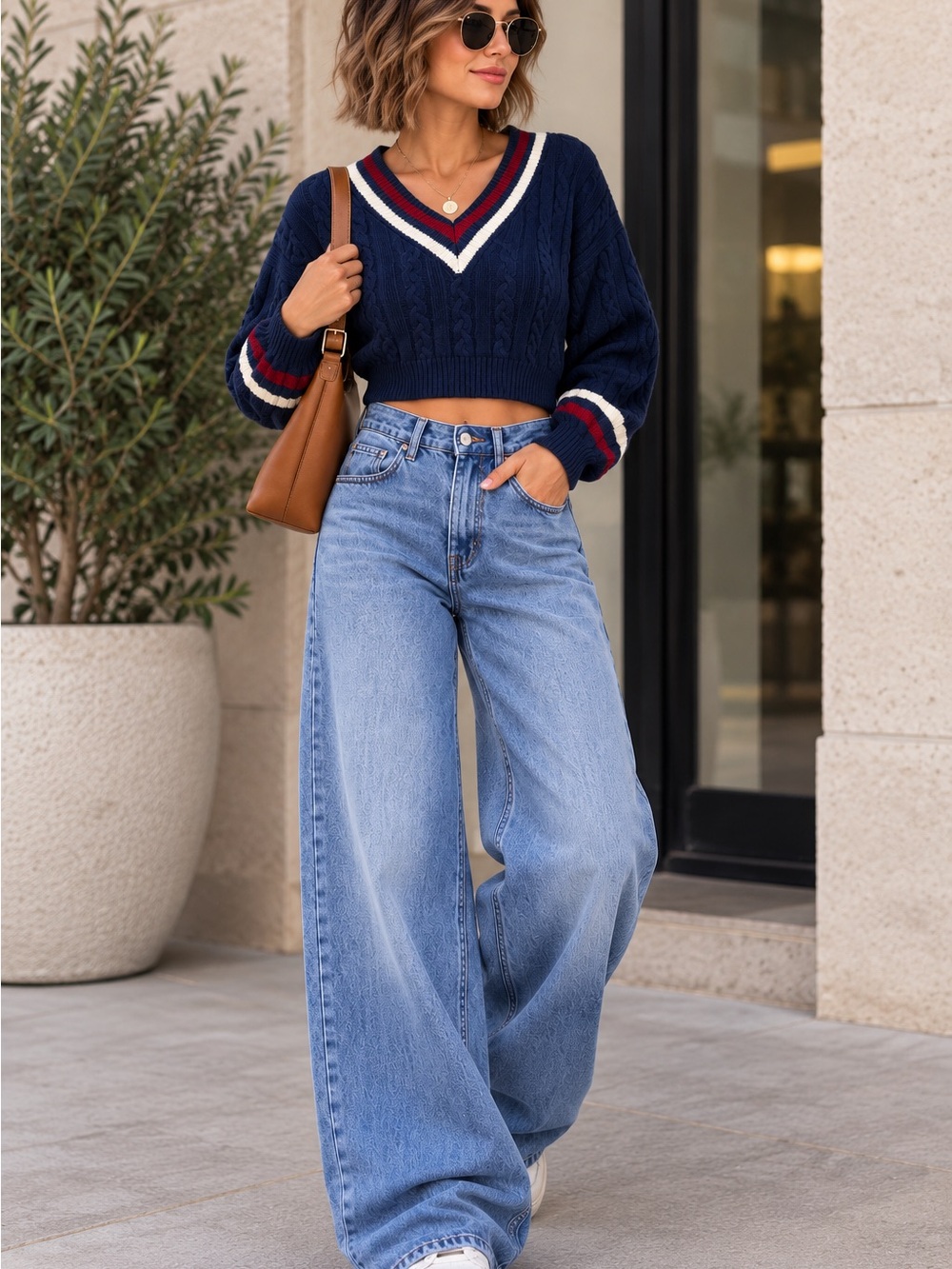 Cider preppy Navy Cable-Knit Cropped Sweater — Size XS